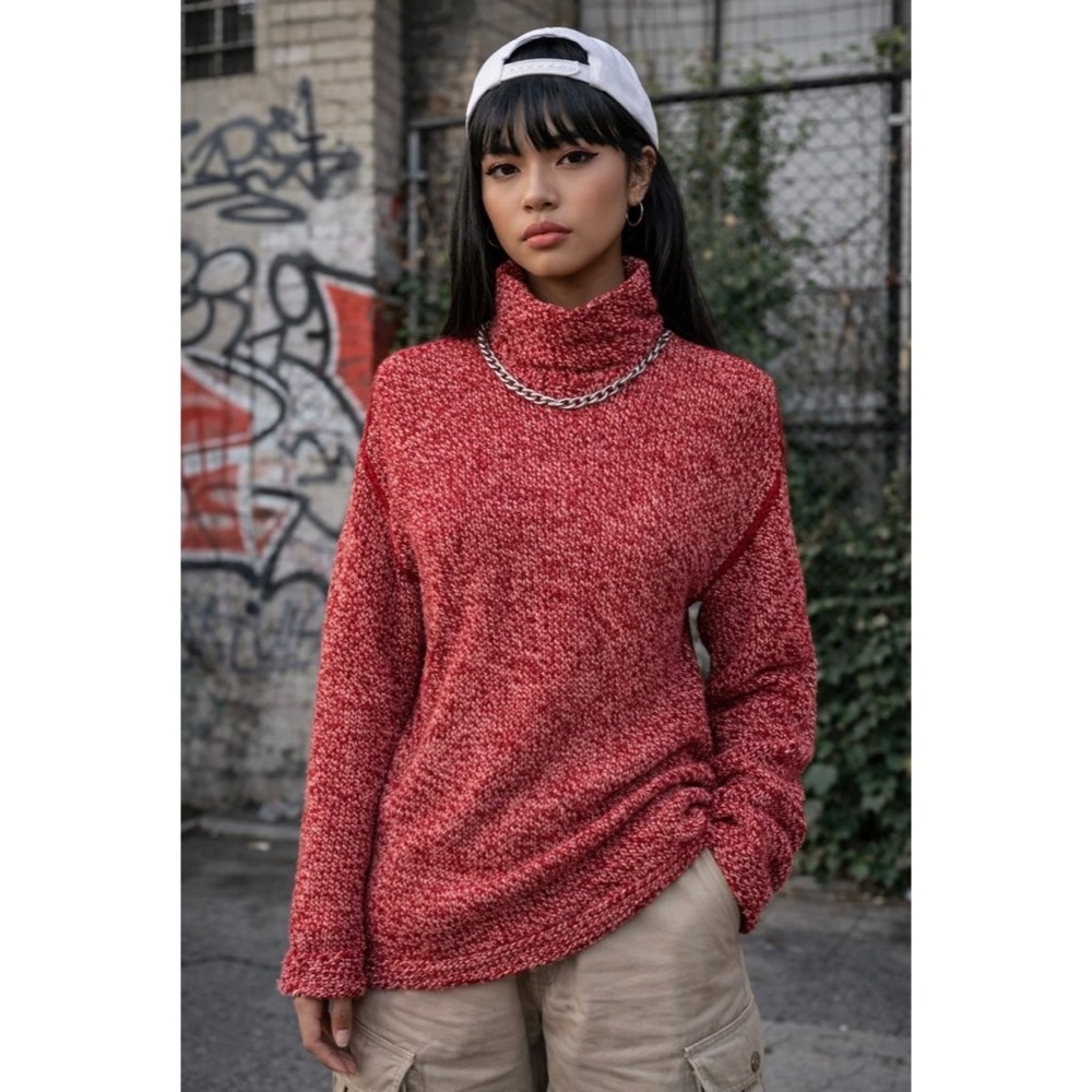 ARMANI COLLEZIONI Red White Wool Mock Neck Sweater Knit Pullover‎ Medium